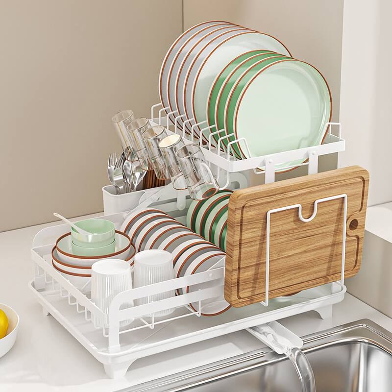 Angle. Sugift - 2-Tier Collapsible Multi-Functional Dish Drying Rack - White.