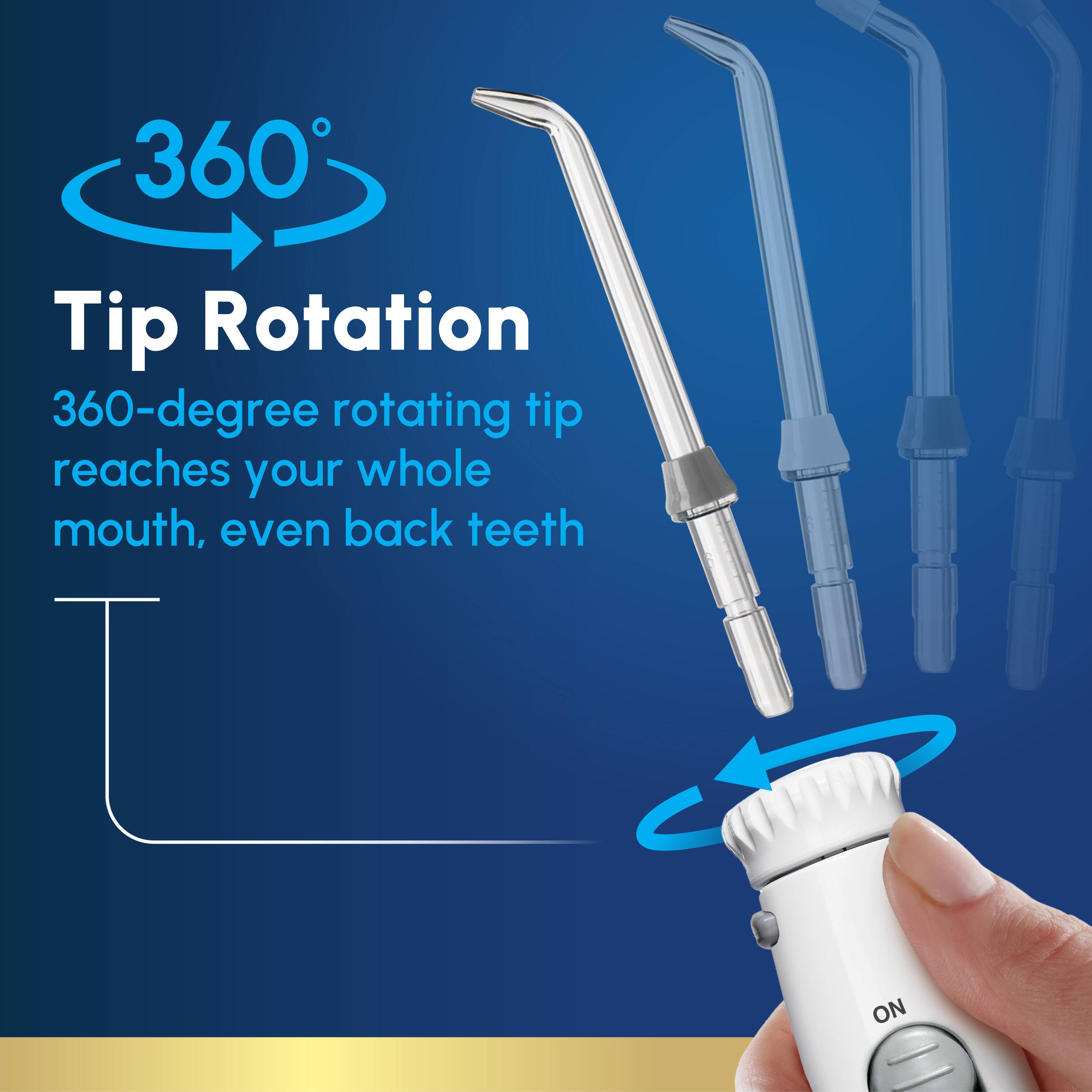 360 Tip Rotation, 360-degree rotating tip reaches your whole mouth, even back teeth, ON