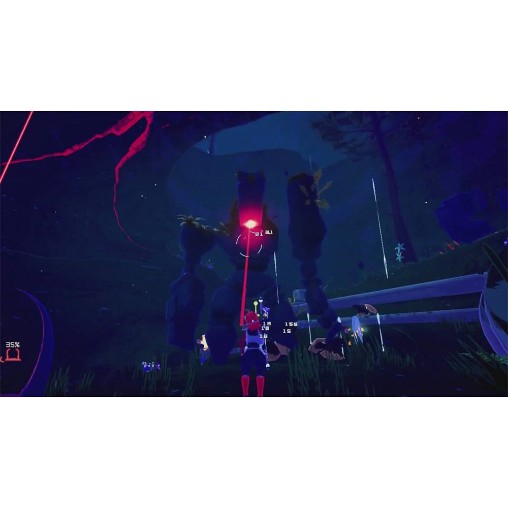 The image shows a person standing in a dark forest, surrounded by trees and a fence. The person is holding a gun, possibly a laser gun, and appears to be aiming it at something. The scene is set at night, and the person is the main focus of the image. - T (Teen 13+)