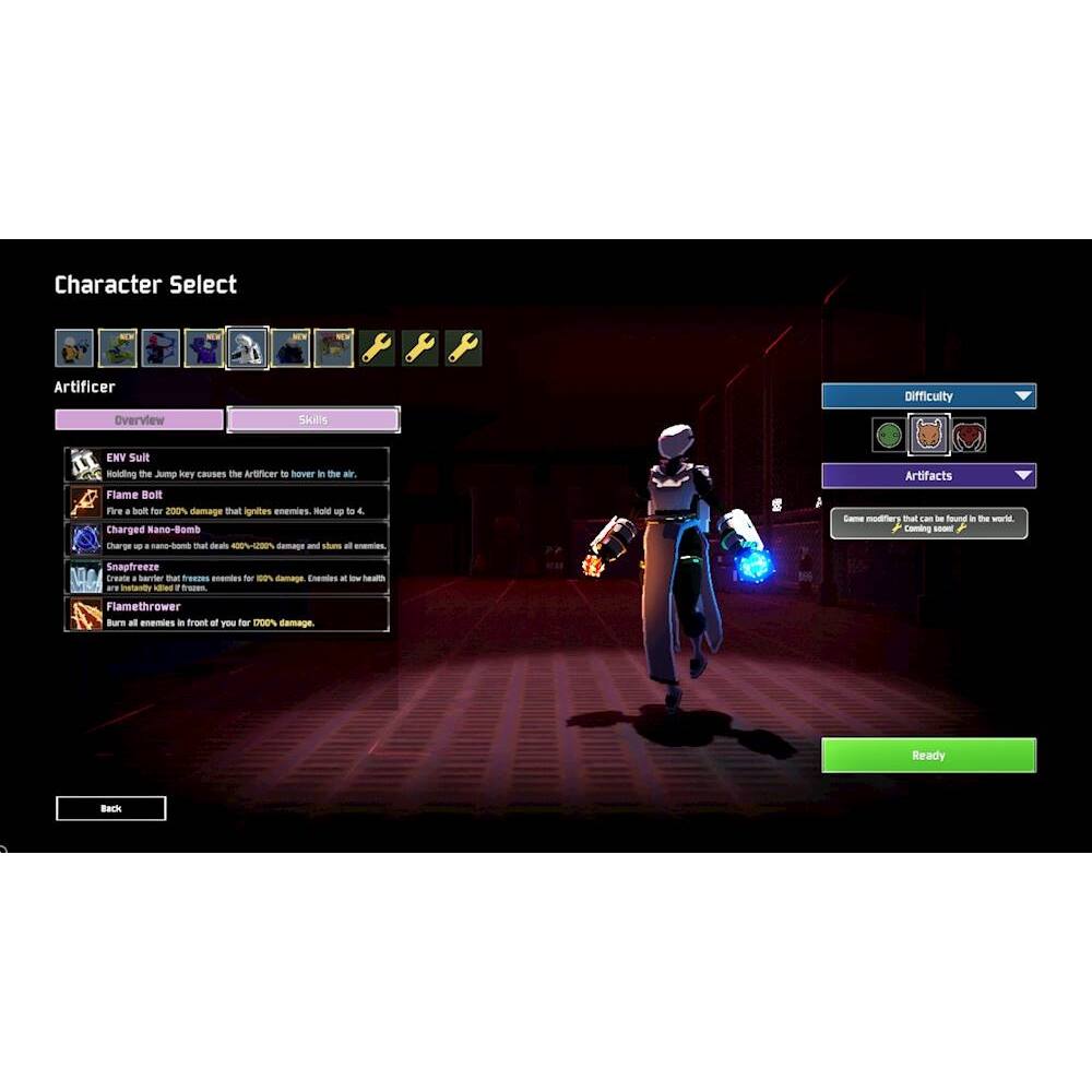 Character Select Artificer overview Skills Difficulty EXV Suit Holding the Jump Hry Causes the Artificer to hover in the air. Flame Bolt deals 200% damage to enemies. Pal ignites enemies. No cooldown. Charged Sano-Bomb Charge deals 400%-200% damage to enemies. No cooldown. Artifacts and Gadgets provide additional abilities. Snapfreeze creates a Servitor to fight for you. Coming Soon. Flamethrower deals damage in front of you. Ready Back.
