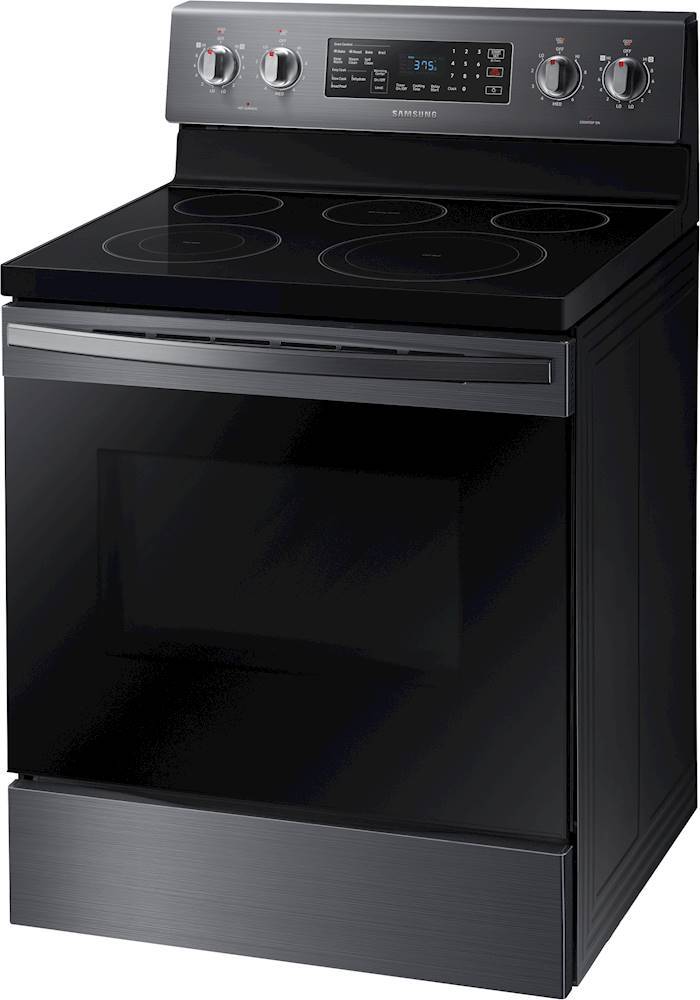 Left View: Samsung - 5.9 Cu. Ft. Freestanding Electric Convection Range with Self-Steam Cleaning - Black stainless steel