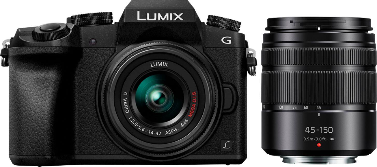 Front. Panasonic - LUMIX G7 Mirrorless 4K Photo Digital Camera Two Lens Bundle with 14-42mm and 45-150mm Lenses - Black.