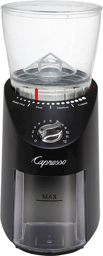 Front. Capresso - Infinity Plus 4-Oz. Conical Burr Coffee Grinder - Black.