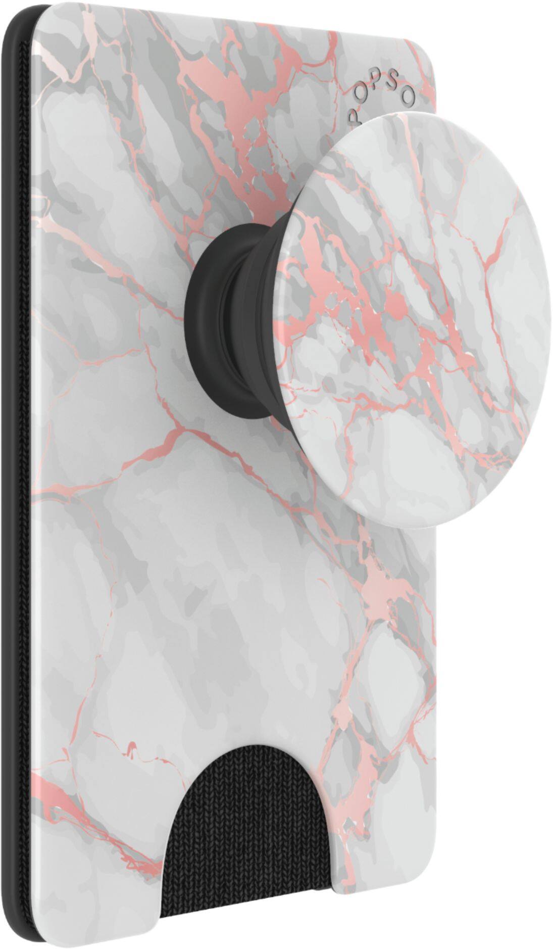 Angle. PopSockets - PopWallet+ Case for Most Cell Phones - Rose Gold Lutz Marble.