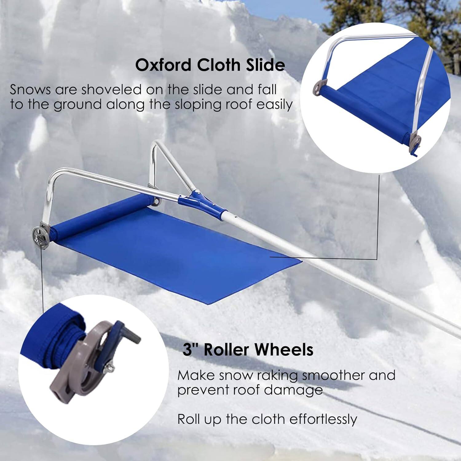 The image features a snow-covered hill with a blue tarp or Oxford cloth slide on top. The slide is designed to easily shovel snow onto it, which then falls to the ground along the sloping roof. The slide is equipped with 3" roller wheels to make snow raking smoother and prevent roof damage. Additionally, the cloth can be rolled up effortlessly, making it a convenient and practical solution for snow removal.