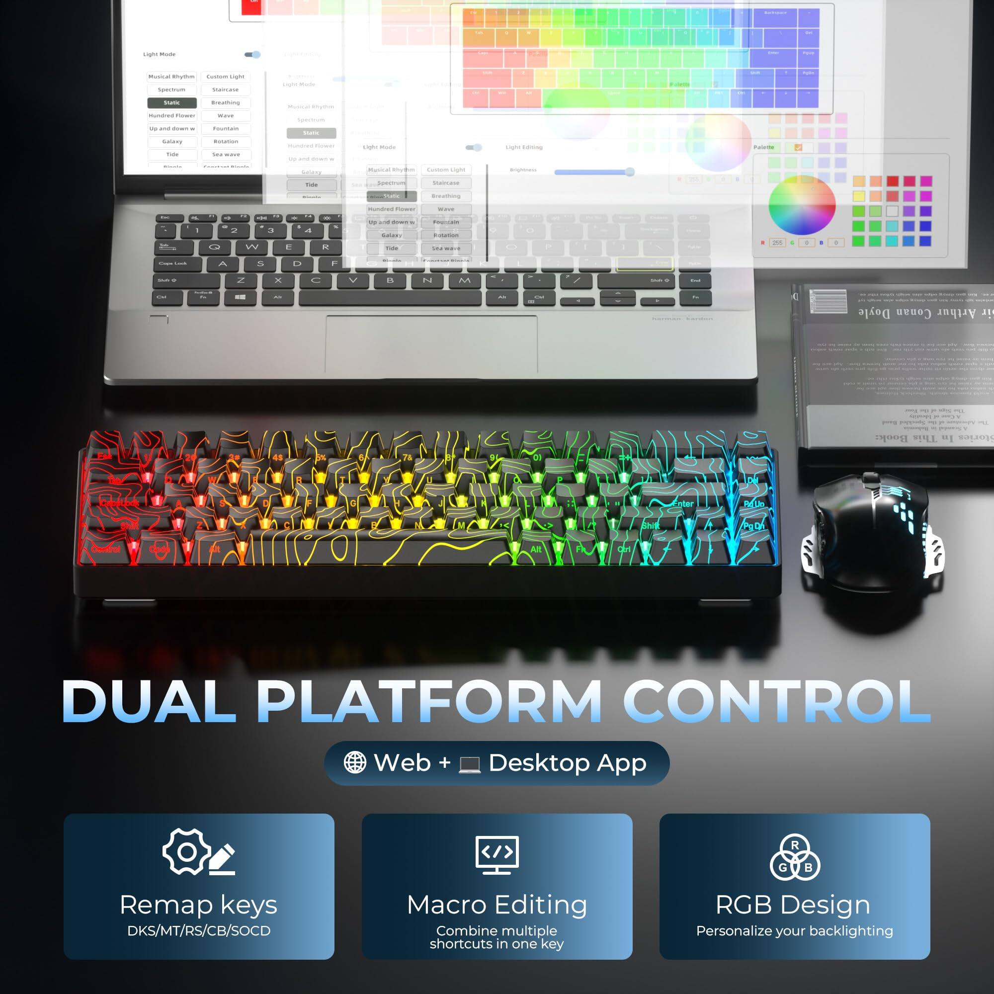 DUAL PLATFORM CONTROL  
Web + Desktop App  

Remap keys  
DKS/MT/RS/CB/SOCD  

Macro Editing  
Combine multiple shortcuts in one key  

RGB Design  
Personalize your backlighting