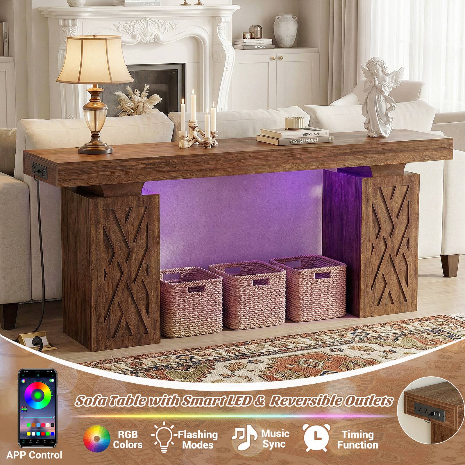 Sofa Table with Smart LED & Reversible Outlets - APP Control RGB Colors - Flashing Modes Music Sync Timing Function