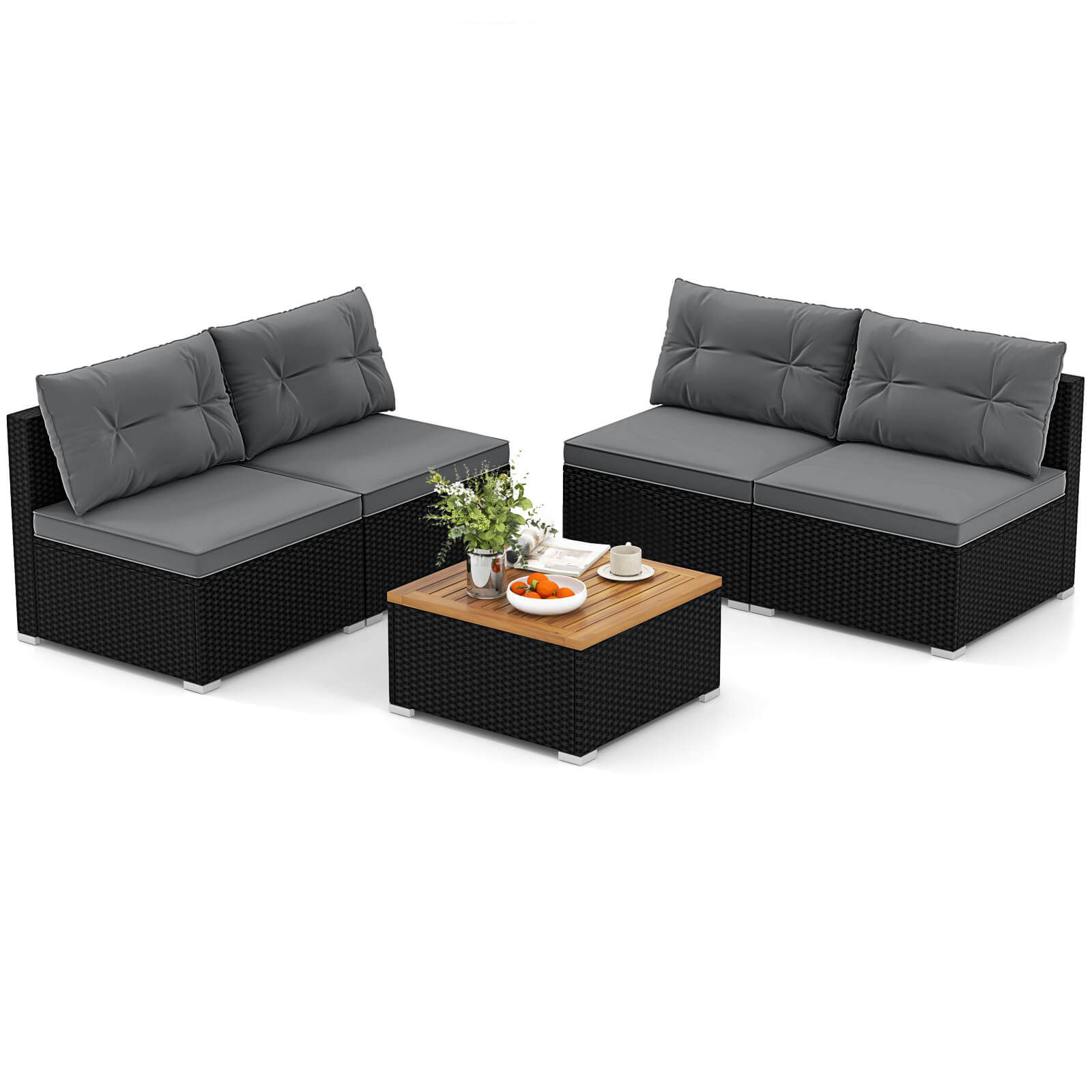 Costway - 5 Piece Outdoor Furniture Set with Seat & Back Cushions Acacia Wood Tabletop - Gray