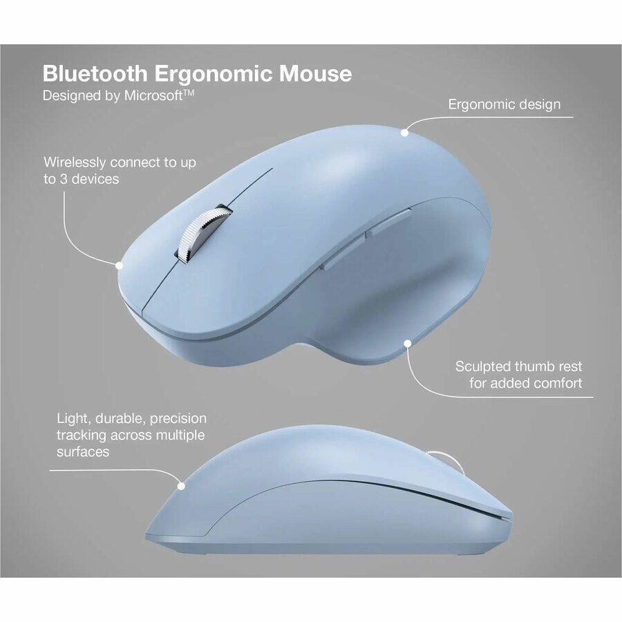 Bluetooth Ergonomic Mouse  
Designed by Microsoft™  

Ergonomic design  
Wirelessly connect to up to 3 devices  
Sculpted thumb rest for added comfort  
Light, durable, precision tracking across multiple surfaces