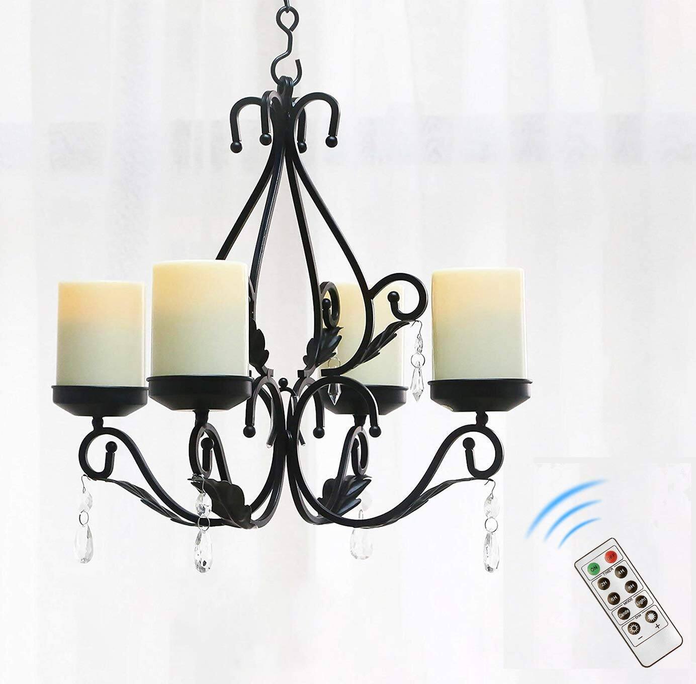 Front. HM 1810 - Candles Chandelier Waterproof Crystal Metal Wall Sconces Modern Farmhouse Table Lamp With Remote Control An - Black.