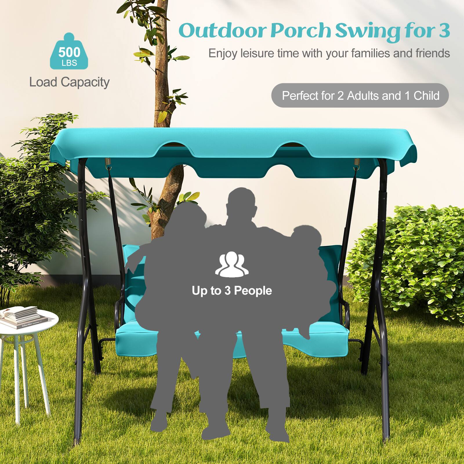 Outdoor Porch Swing for 3  
Enjoy leisure time with your families and friends  
Perfect for 2 Adults and 1 Child  
Up to 3 People  

500 LBS Load Capacity