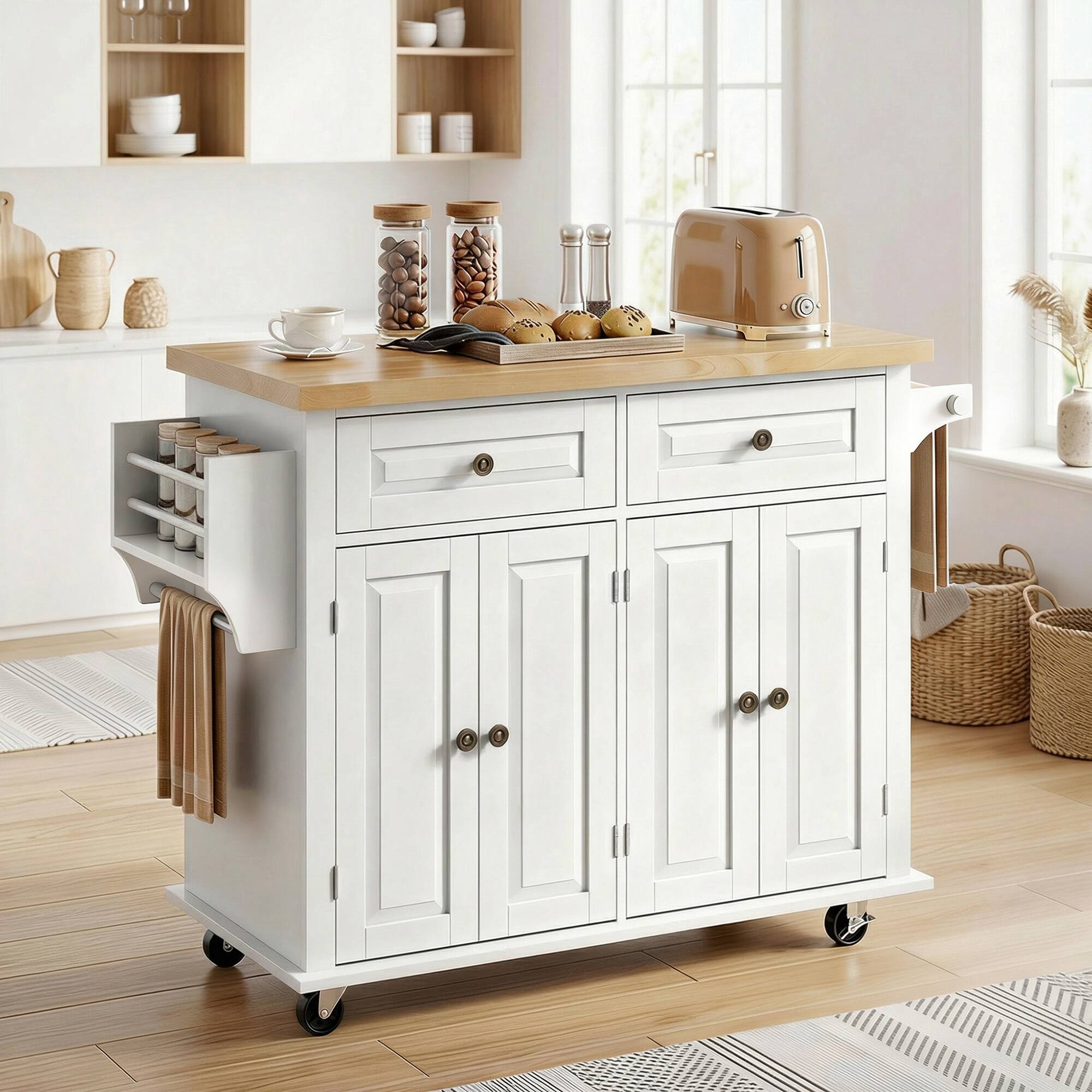Alt View 1. Homcom - Mobile Kitchen Island Table, Kitchen Island Cart on Wheels with Storage Cabinets - White.