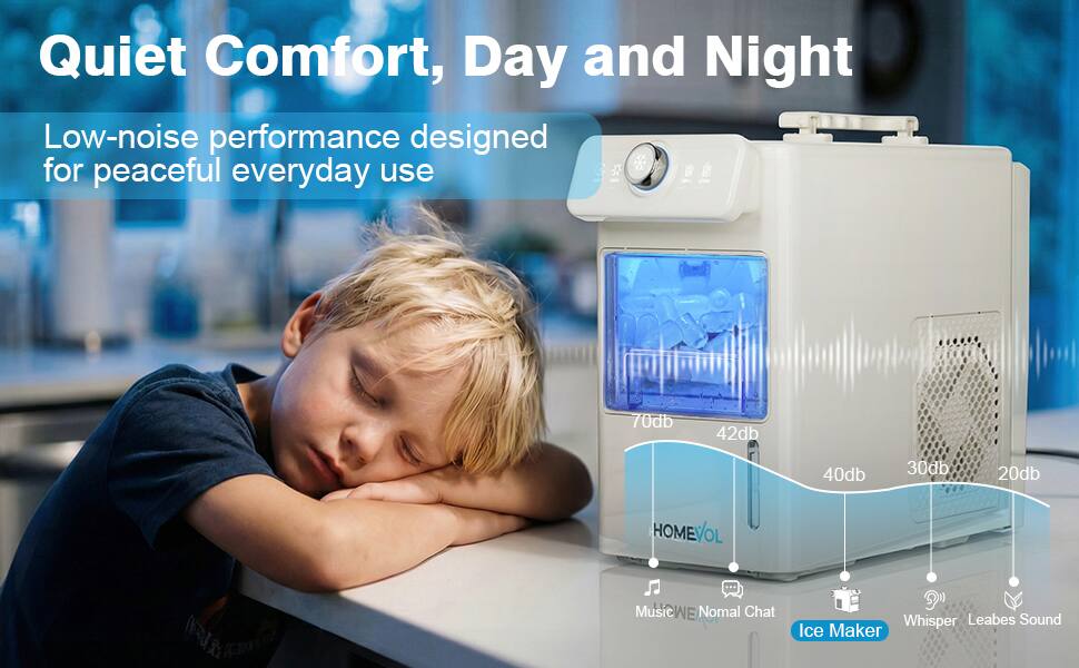 Quiet Comfort, Day and Night

Low-noise performance designed for peaceful everyday use

70db  
42db  
40db  
30db  
20db

HOMEVOL  
Music  
Normal Chat  
Whisper  
Leaves Sound  
Ice Maker