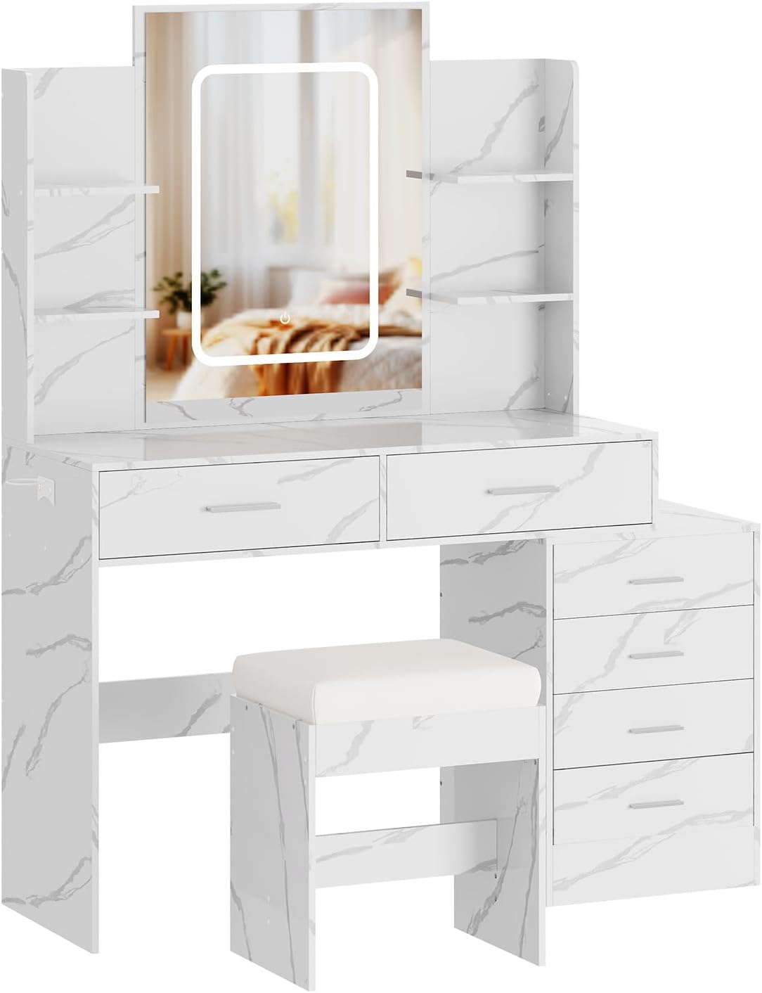 Alt View 4. GARVEE - Vanity Desk with Lighted Mirror, Power Outlet, 6 Drawers, 4 Shelves, Padded Stool, Compact Bedroom Makeup, White - white.