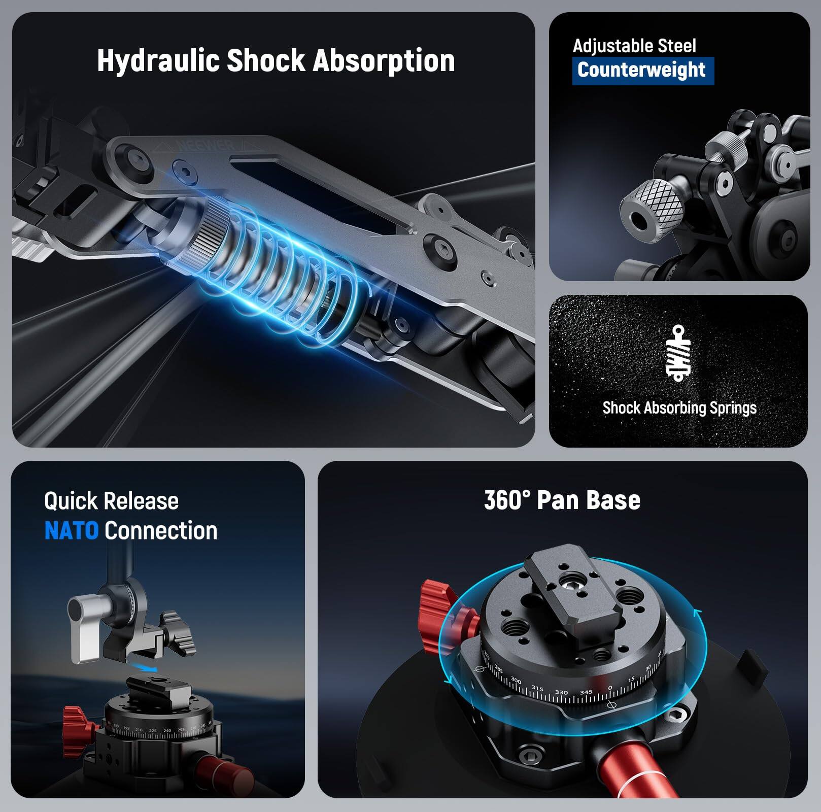 Hydraulic Shock Absorption Adjustable Steel Counterweight NEWEER H Shock Absorbing Springs Quick Release NATO Connection 360° Pan Base