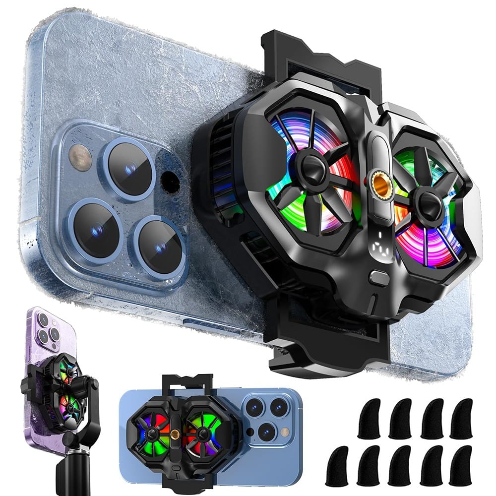 ACJPR - Mobile Phone Cooler with RGB Lighting and Temperature Display, Dual Semiconductor Cooling Fan for iPhone/Android Phones - Black