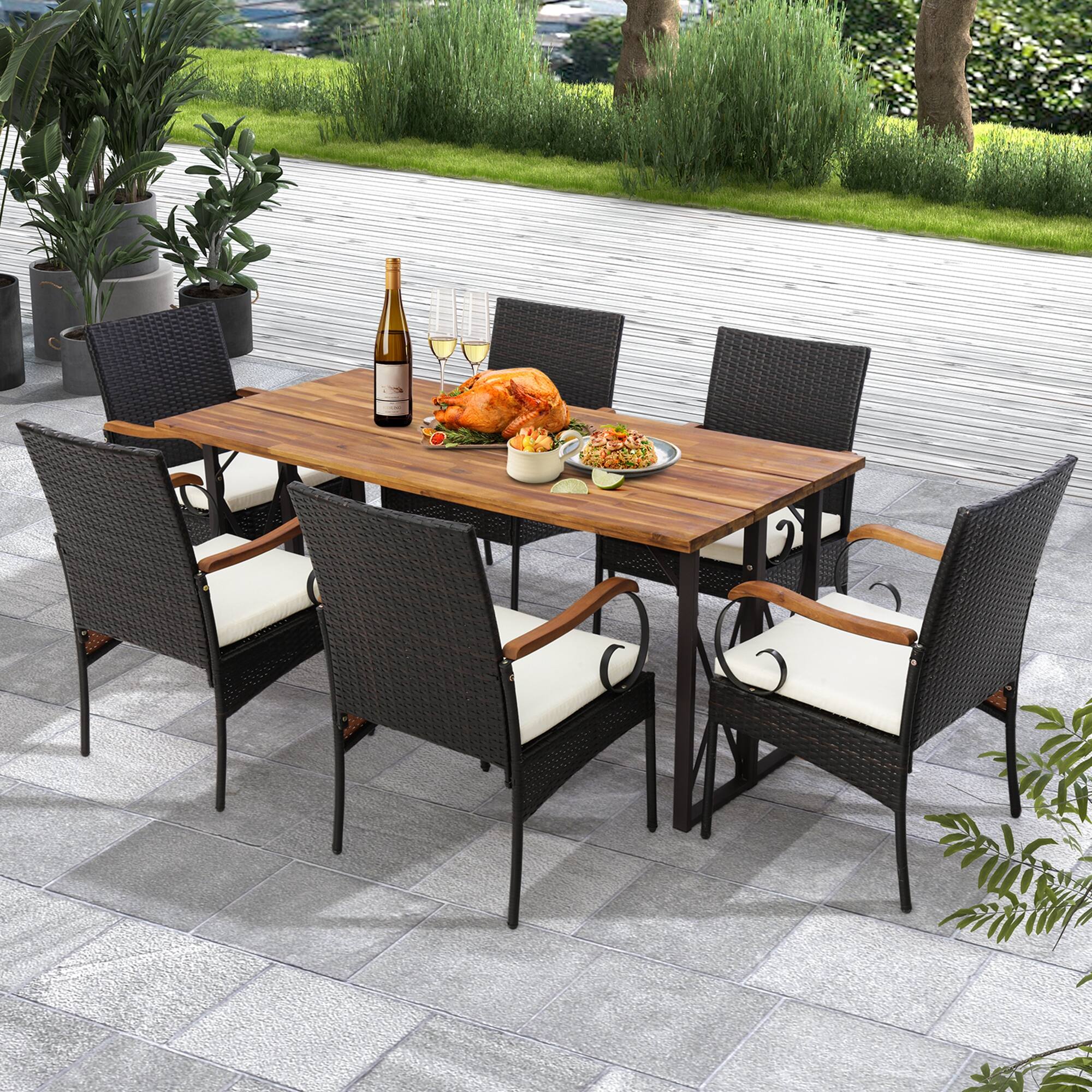 Alt View 3. Costway - Costway 4PCS Patio PE Wicker Chairs Acacia Wood Armrests with Soft Zippered Cushion Garden - Mix Brown,Off White.