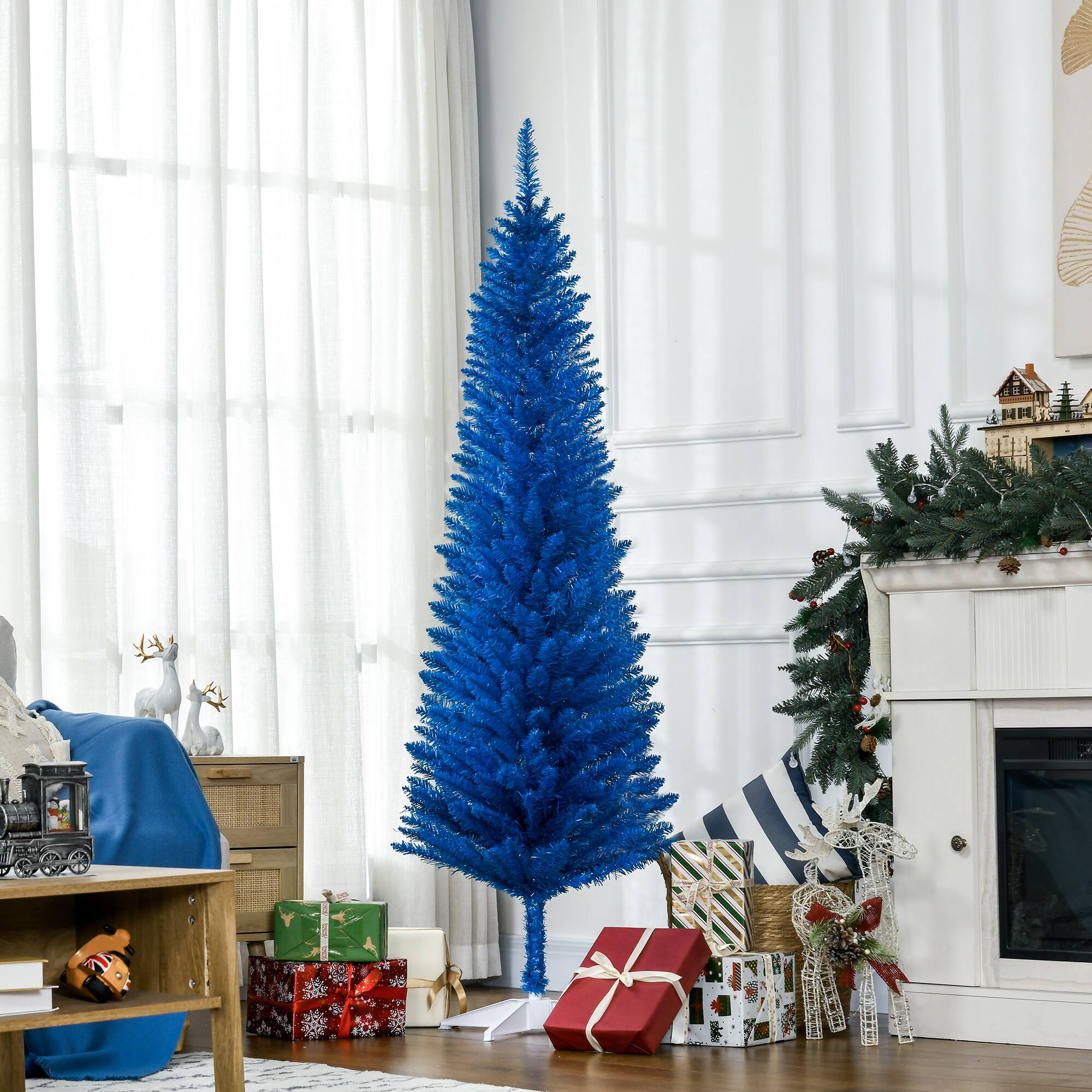 Alt View 1. Homcom - Artificial Pencil Christmas Tree, Slim Xmas Tree with 390 Realistic Branch Tips and Plastic Stand - blue.