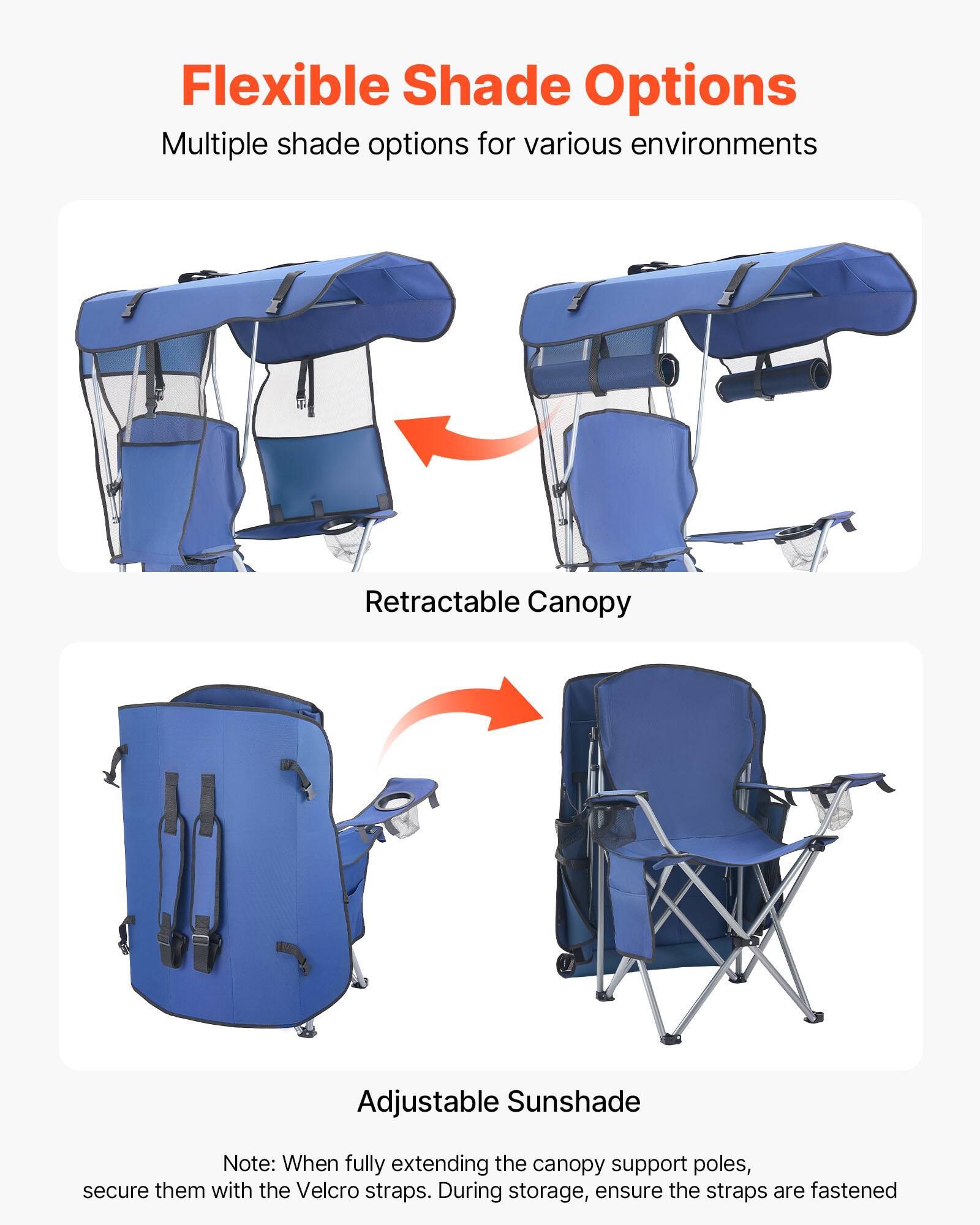 Flexible Shade Options  
Multiple shade options for various environments  

Retractable Canopy  

Adjustable Sunshade  

Note: When fully extending the canopy support poles, secure them with the Velcro straps. During storage, ensure the straps are fastened.
