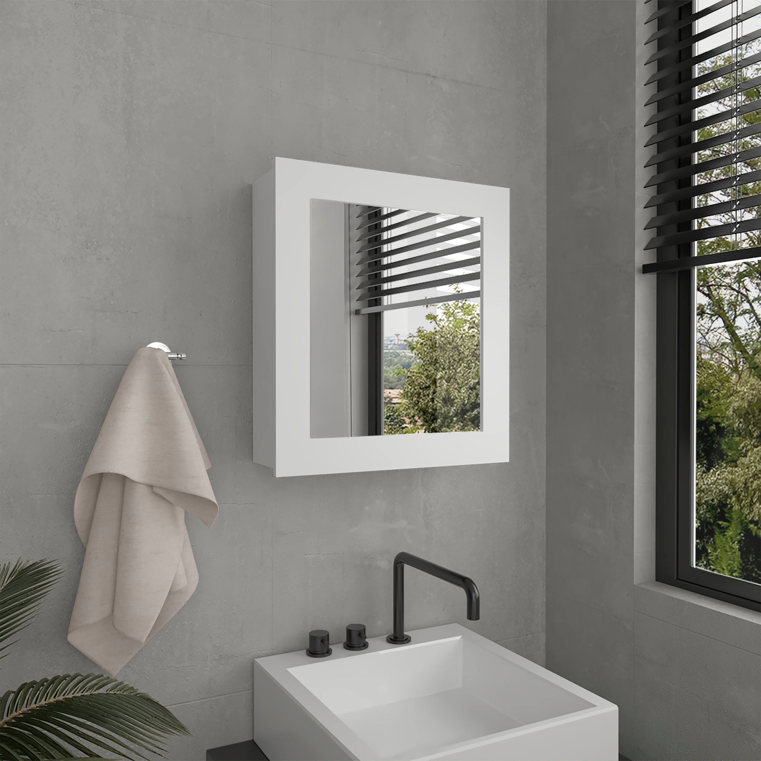 Angle. TuHome - Single Mirror Medicine Cabinet with Two Interior Shelves For Bathroom Storage - White.