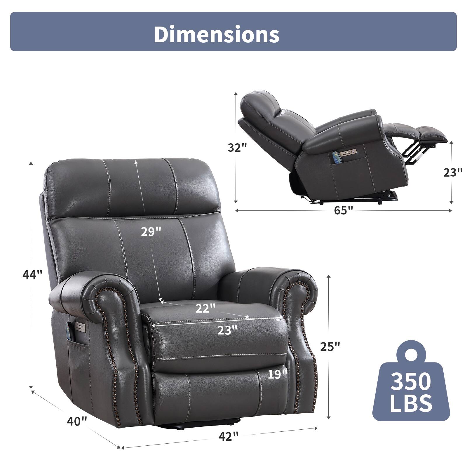 Dimensions
- Width: 42"
- Depth: 40"
- Height: 44"
- Seat Height: 23"
- Seat Depth: 22"
- Arm Height: 29"
- Back Height: 32"
- Overall Length: 65"
- Overall Width: 44"
- Overall Depth: 25"
- Weight Capacity: 350 LBS