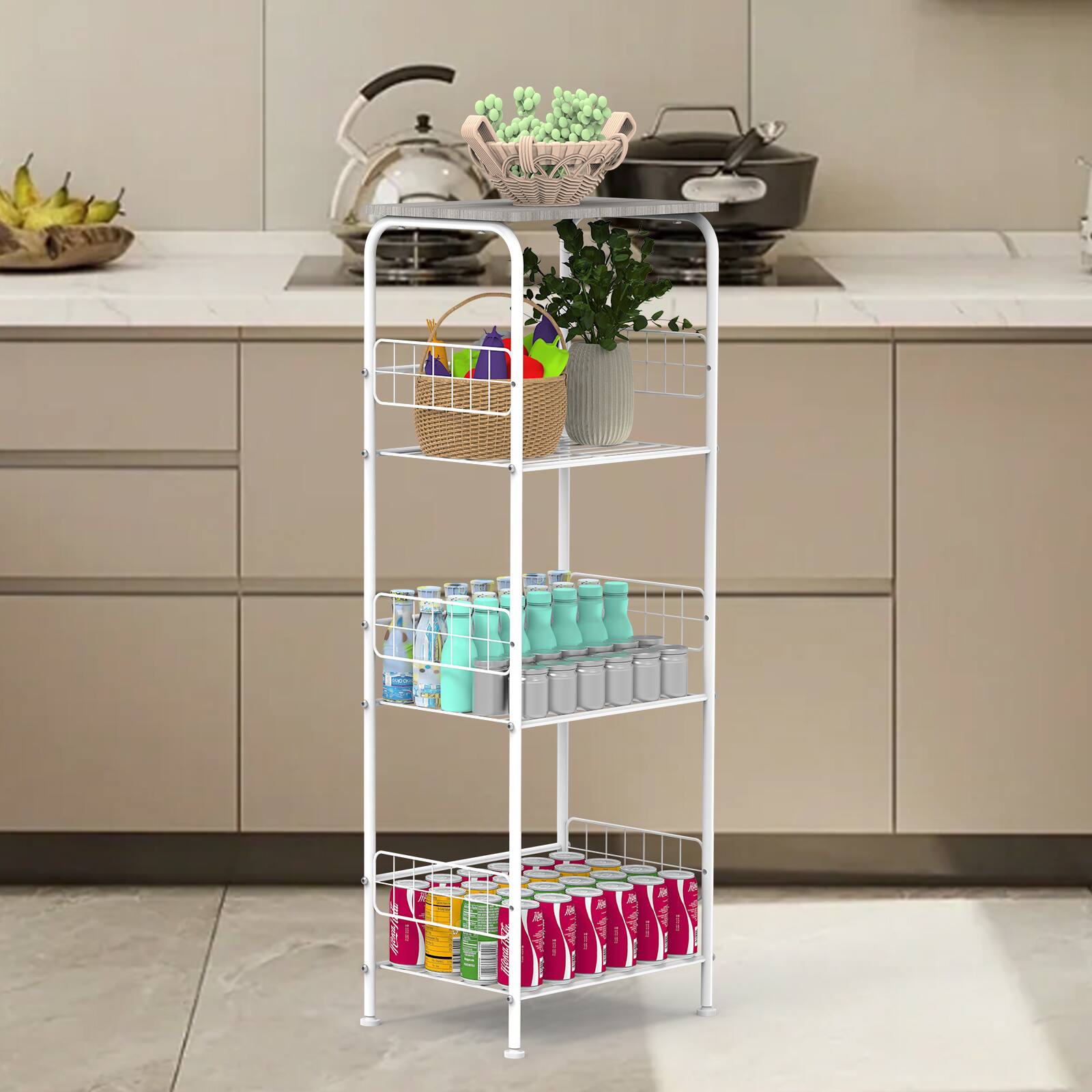 Alt View 1. Oumilen - 4-Tier Wire Storage Shelf with Wood Top, Black Metal Frame & Accessories, Gray - Gray.