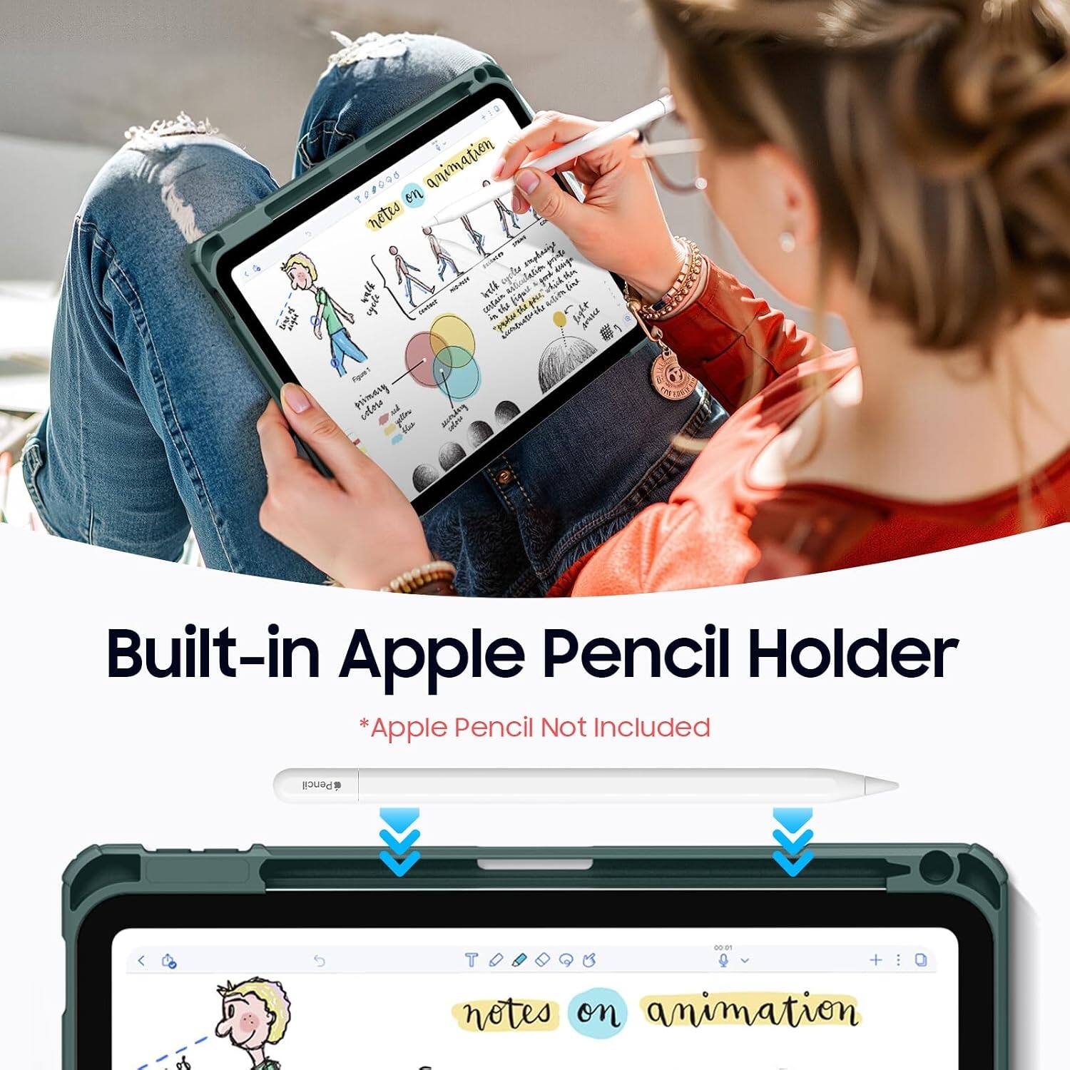 1 PT animation n 6 retrs -N rtN dhaypher posk onpe rlr lalin 1o dm - & du inl kell figus pR Alit   CEtain n d H L  - mmt cndut ginang coteie 1 f He  Built-in Apple Pencil Holder *Apple Pencil Not Included Pencil doe + : of notes on animation