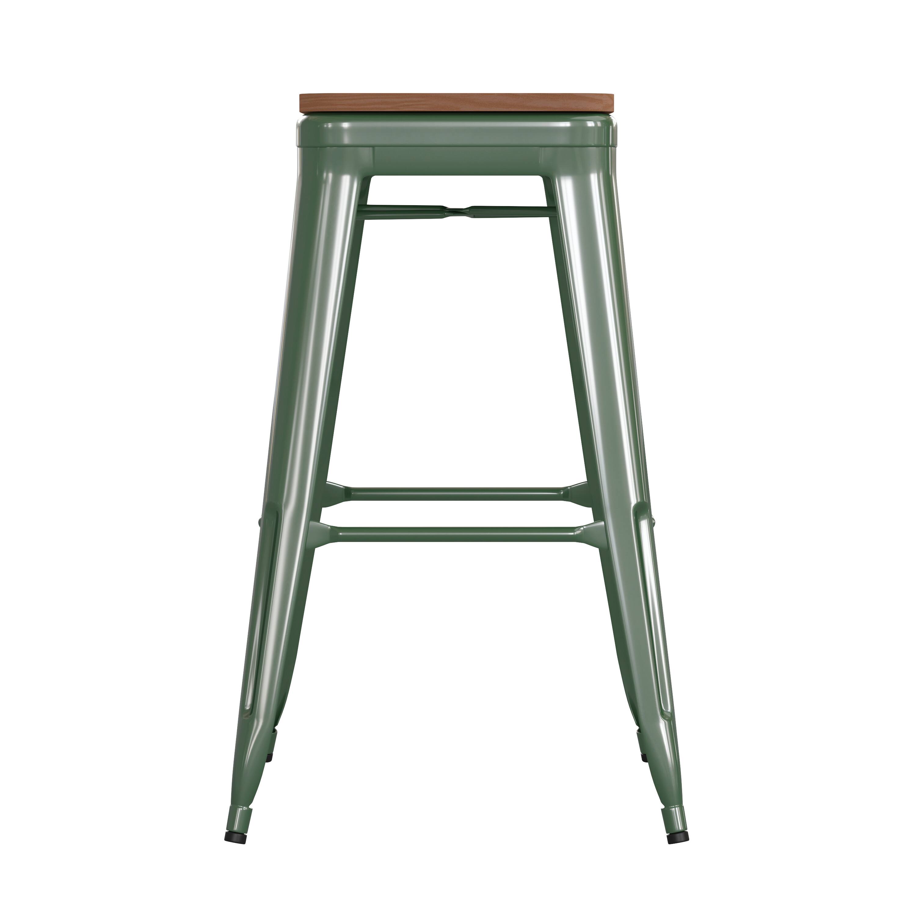 Alt View 8. Emma + Oliver - Kam Backless Metal Indoor-Outdoor Stool with All-Weather Polystyrene Seat - Teak Seat/Green Frame.