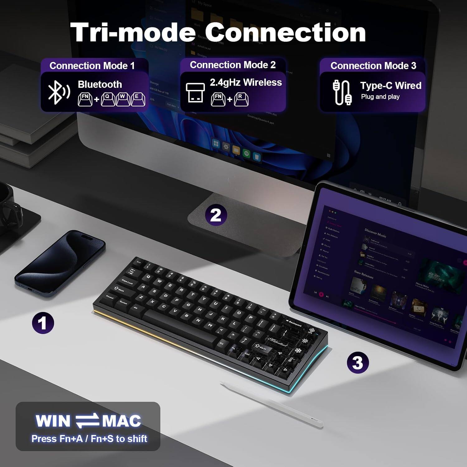 Tri-mode Connection

Connection Mode 1: Bluetooth (FN + W)
Connection Mode 2: 2.4GHz Wireless (FN + R)
Connection Mode 3: Type-C Wired (Plug and play)

WIN / MAC: Press Fn+A / Fn+S to shift