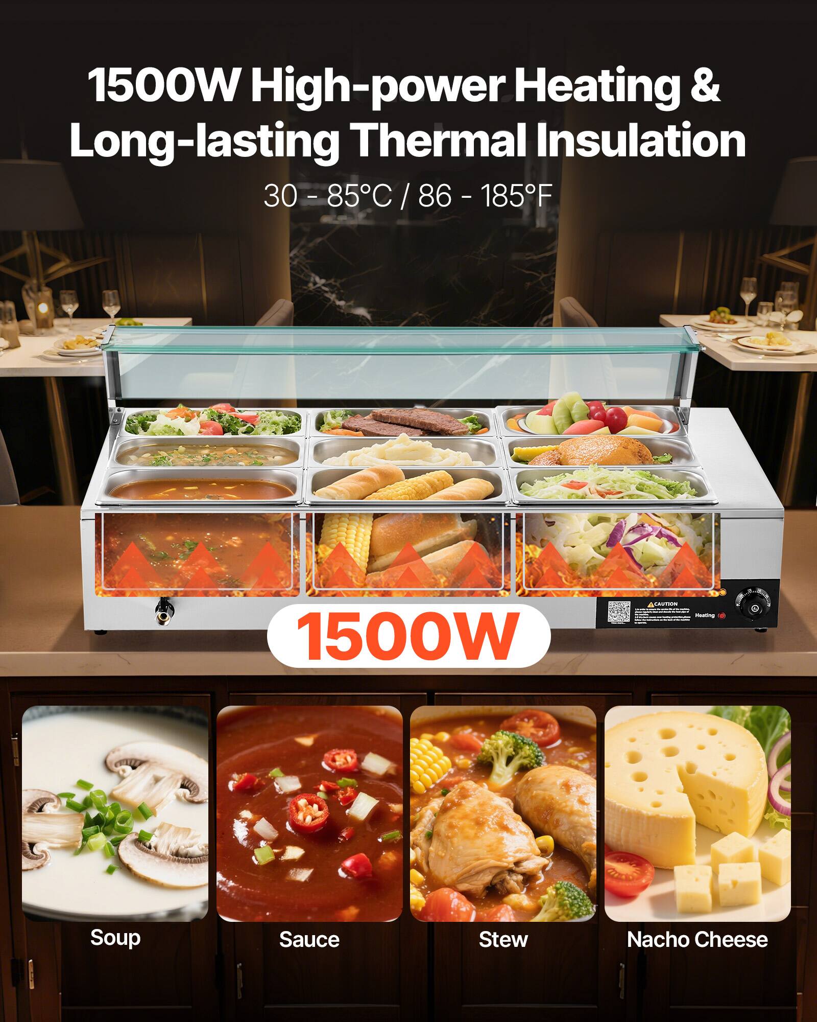 1500W High-power Heating & Long-lasting Thermal Insulation  
30 - 85°C / 86 - 185°F  

1500W  

Soup  
Sauce  
Stew  
Nacho Cheese