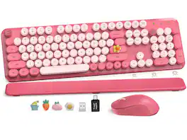 PRIMEPLUS - Wireless Keyboard & Mouse, Round Keycaps, Magnetic Wrist Rest, Retro Typewriter, 2.4G, Auto Sleep, Purple, Mac/Windows - Hot Pink