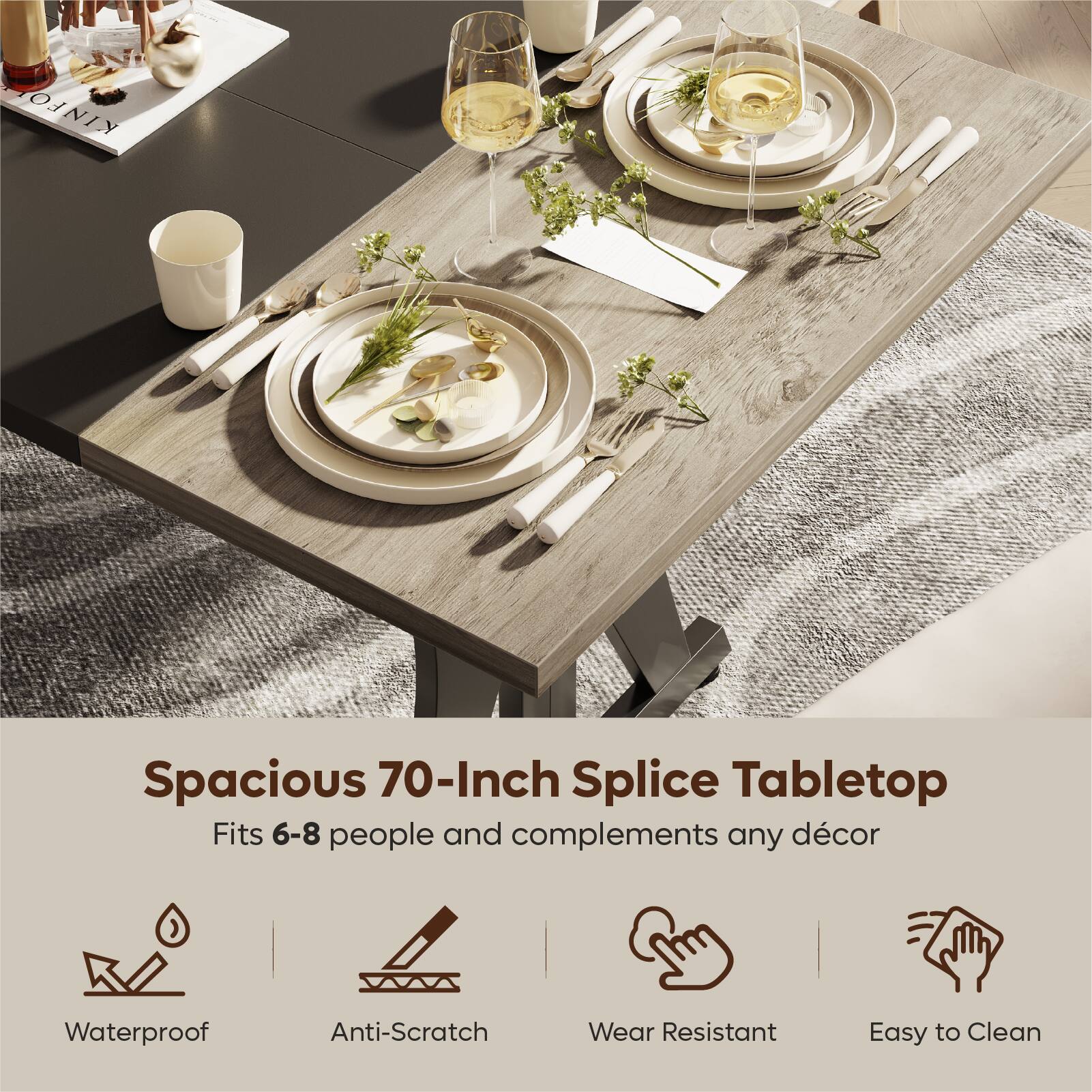The text on the image reads: "Spacious 70-Inch Splice Tabletop Fits 6-8 people and complements any dcor Waterproof Anti-Scratch Wear Resistant Easy to Clean."
