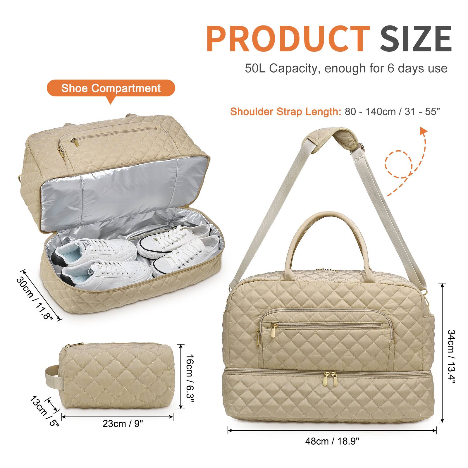 PRODUCT SIZE  
50L Capacity, enough for 6 days use  

Shoe Compartment  
30cm / 11.8"  

Shoulder Strap Length: 80 - 140cm / 31 - 55"  

13cm / 5"  
16cm / 6.3"  
23cm / 9"  
34cm / 13.4"  
48cm / 18.9"