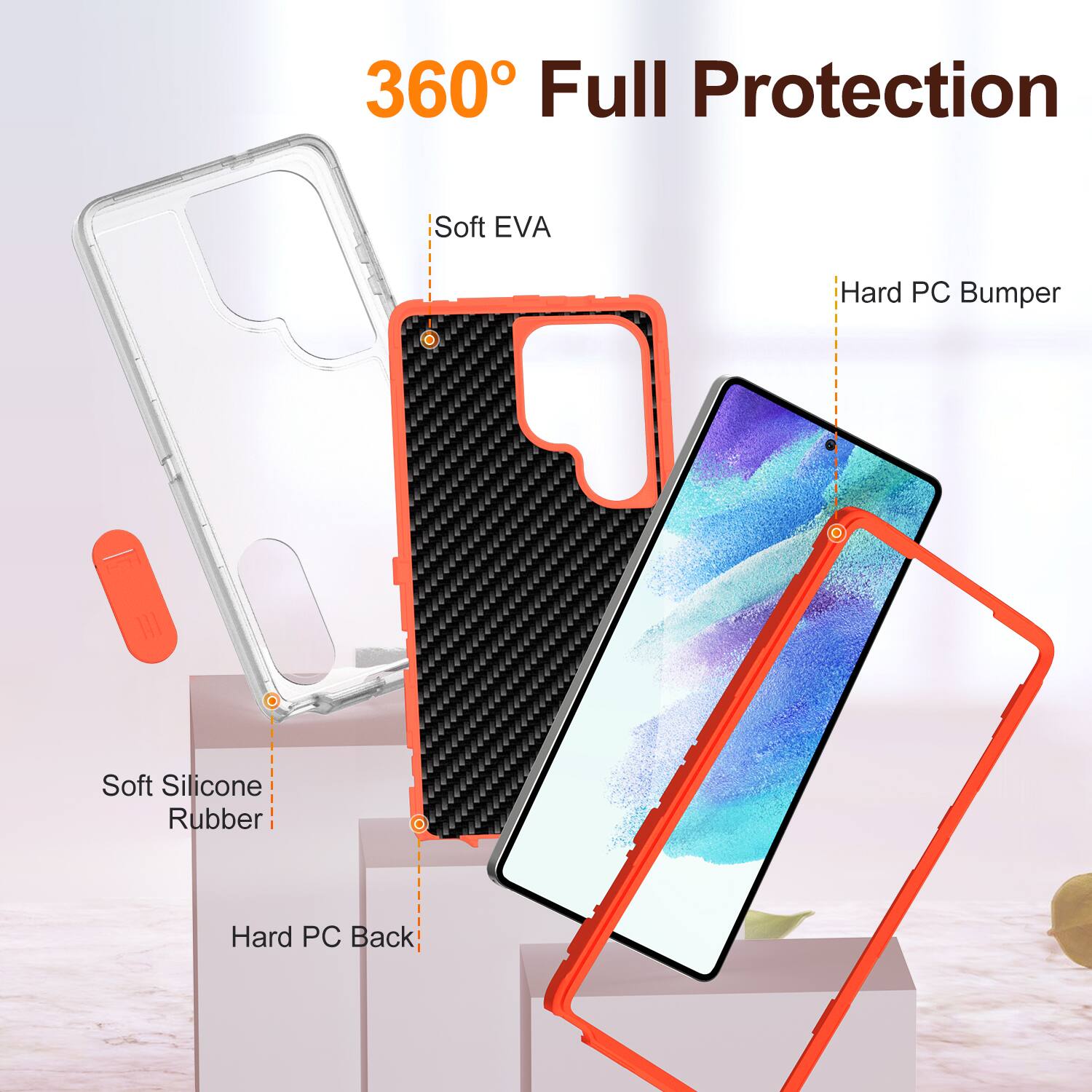 360° Full Protection

- Soft EVA
- Hard PC Bumper
- Soft Silicone Rubber
- Hard PC Back