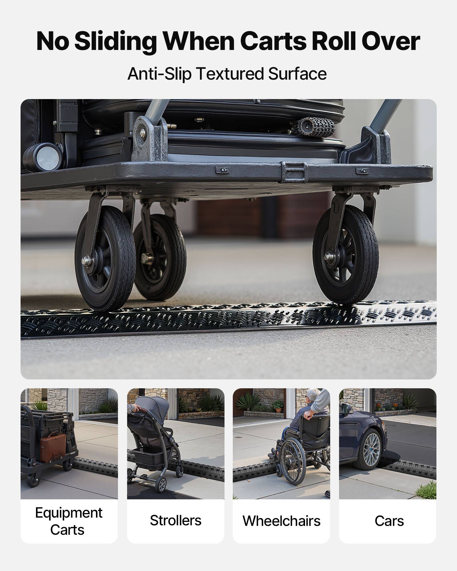 No Sliding When Carts Roll Over  
Anti-Slip Textured Surface  

Equipment Carts  
Strollers  
Wheelchairs  
Cars