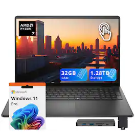 Dell - 16" FHD+ Touch Laptop,Ryzen 7 250,32GB RAM,1TB SSD+288GB Dock Set,AMD Radeon GPU,Backlit Keyboard,Win 11 Pro - Black