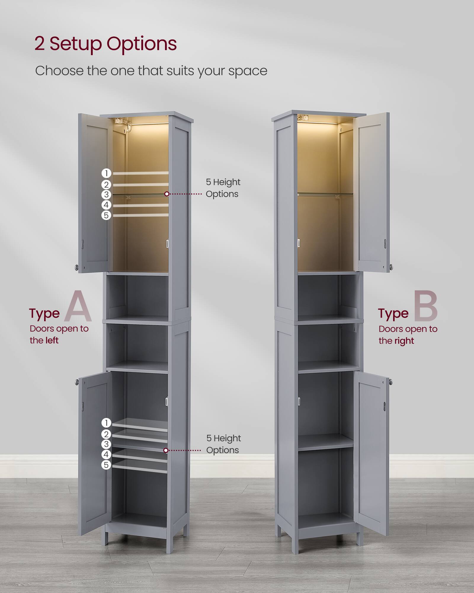 2 Setup Options  
Choose the one that suits your space  

Type A  
Doors open to the left  

Type B  
Doors open to the right  

5 Height Options