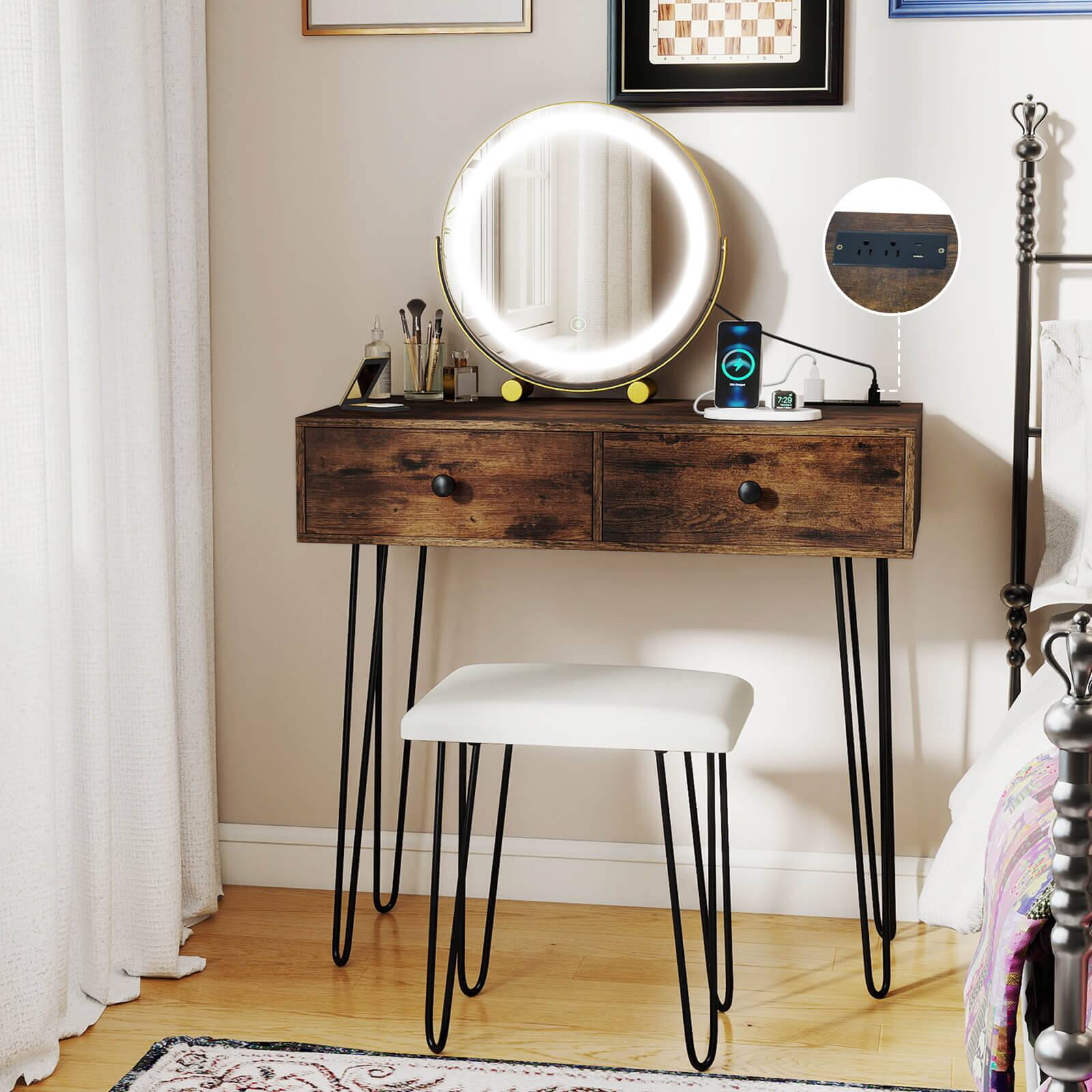 Alt View 1. Costway - Costway Vanity Desk with Mirror & Lights, Built-in Charging Station, 2 Drawers for Bedroom - Rustic Brown.