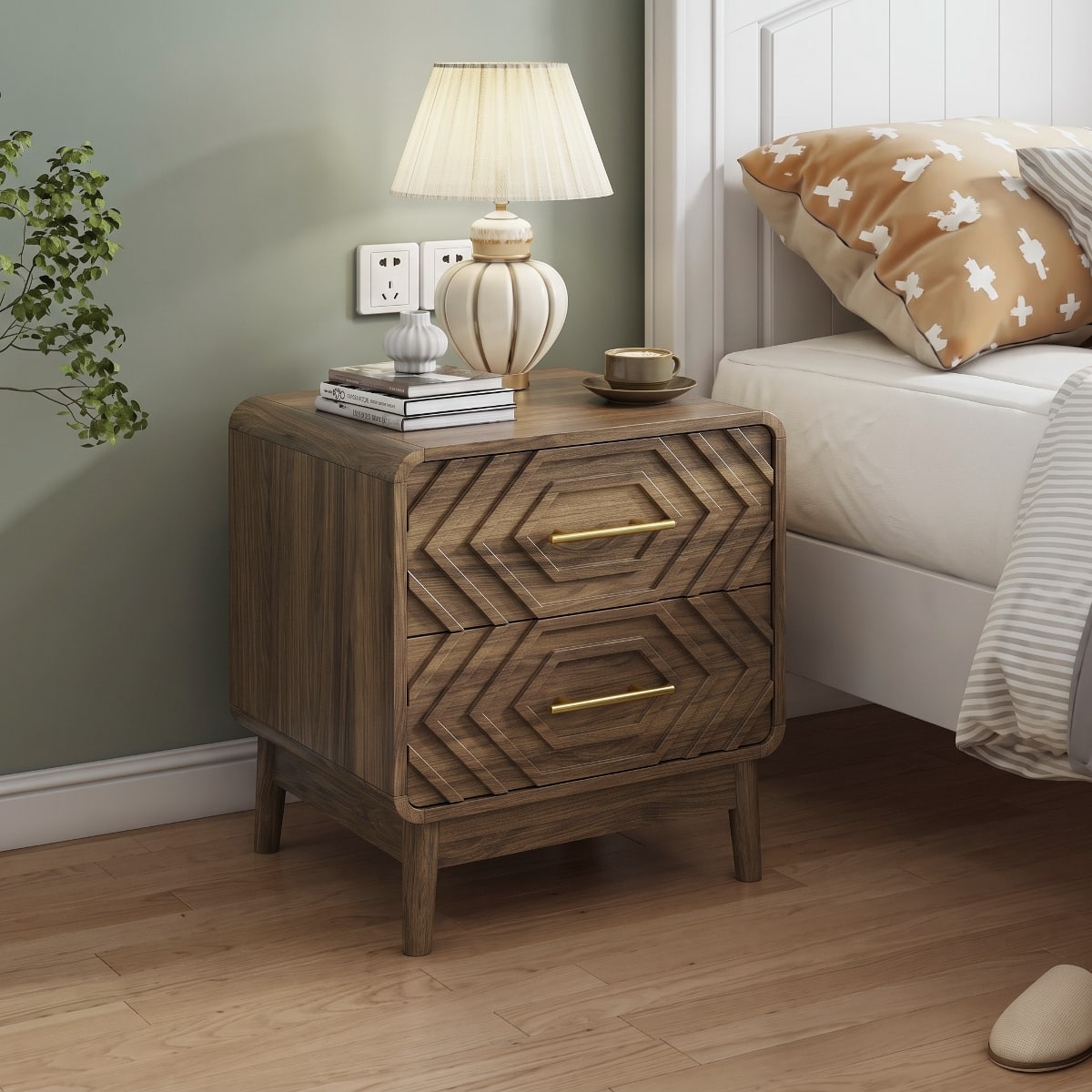 Loheer - Bedside Table, Two Drawer Nightstand with Solid Wood Legs for Bedroom - Walnut
