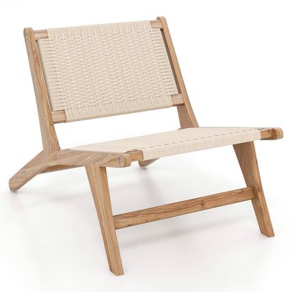 Front. Sugift - Teak Wooden Chair with Braided Rope Seat and Backrest for Backyard - Beige/Khaki.