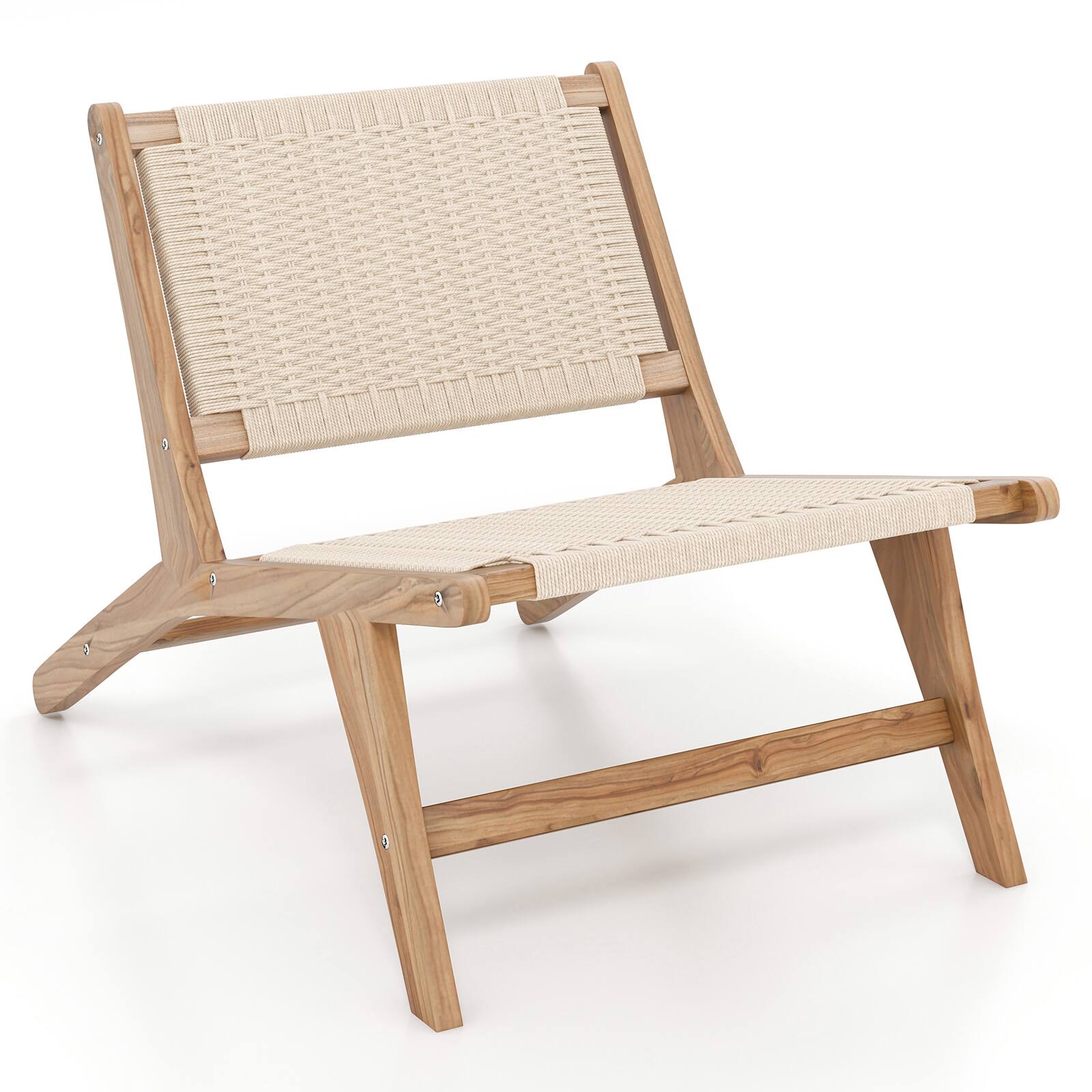 Front. Sugift - Teak Wooden Chair with Braided Rope Seat and Backrest for Backyard - Beige/Khaki.