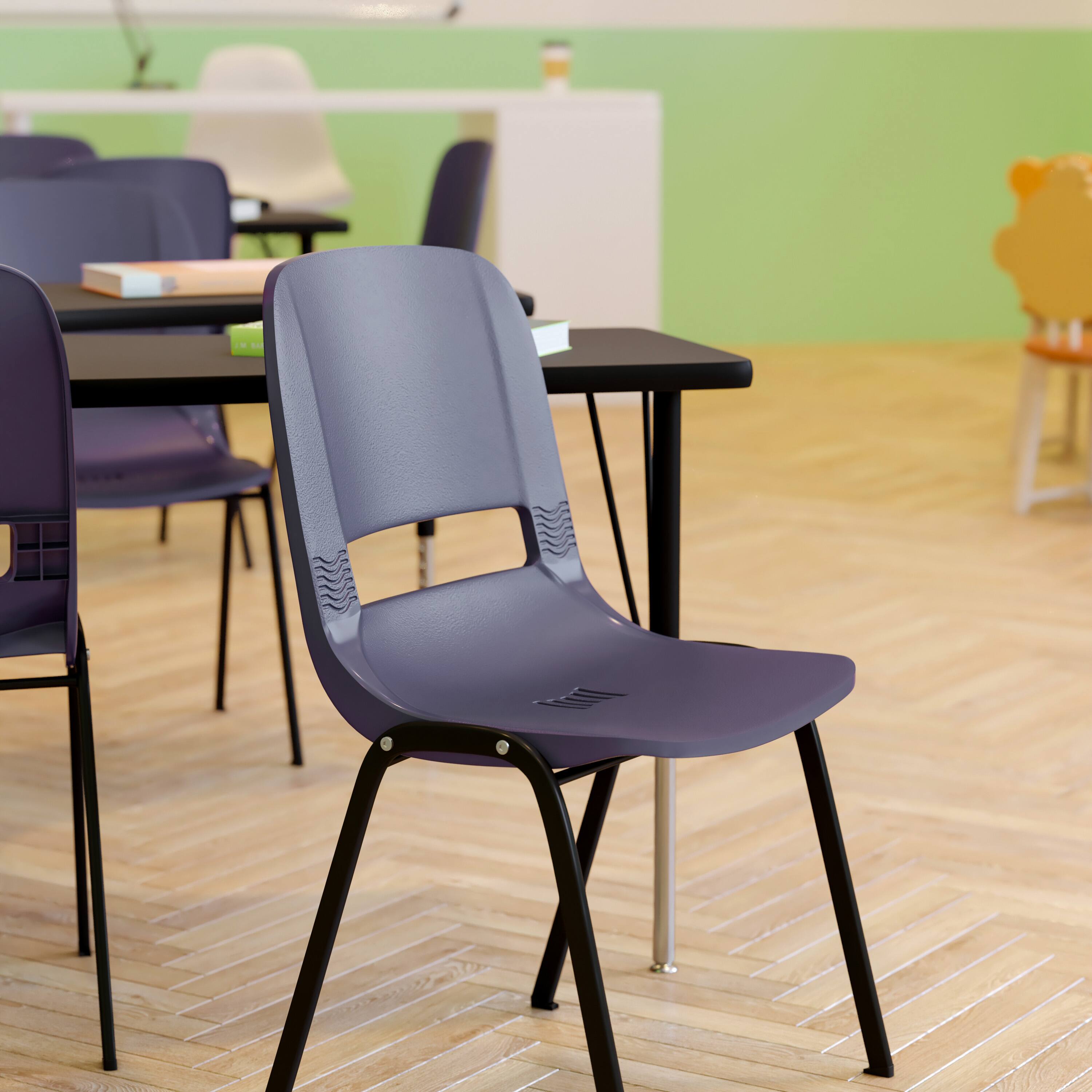 Alt View 4. Emma + Oliver - Ergonomic Shell Stack Chair - 16" Seat Daycare Home School - True Navy Plastic/Black Frame.