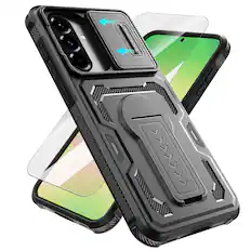 Front. Dteck - Rugged Stand Case for Samsung Galaxy A37 5G/A56 5G/A36 5G,Shockproof Heavy Duty Cover+Sliding Lens Cover+Tempered Glass - Black.