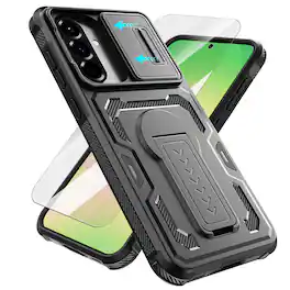 Dteck - Rugged Stand Case for Samsung Galaxy A37 5G/A56 5G/A36 5G,Shockproof Heavy Duty Cover+Sliding Lens Cover+Tempered Glass - Black