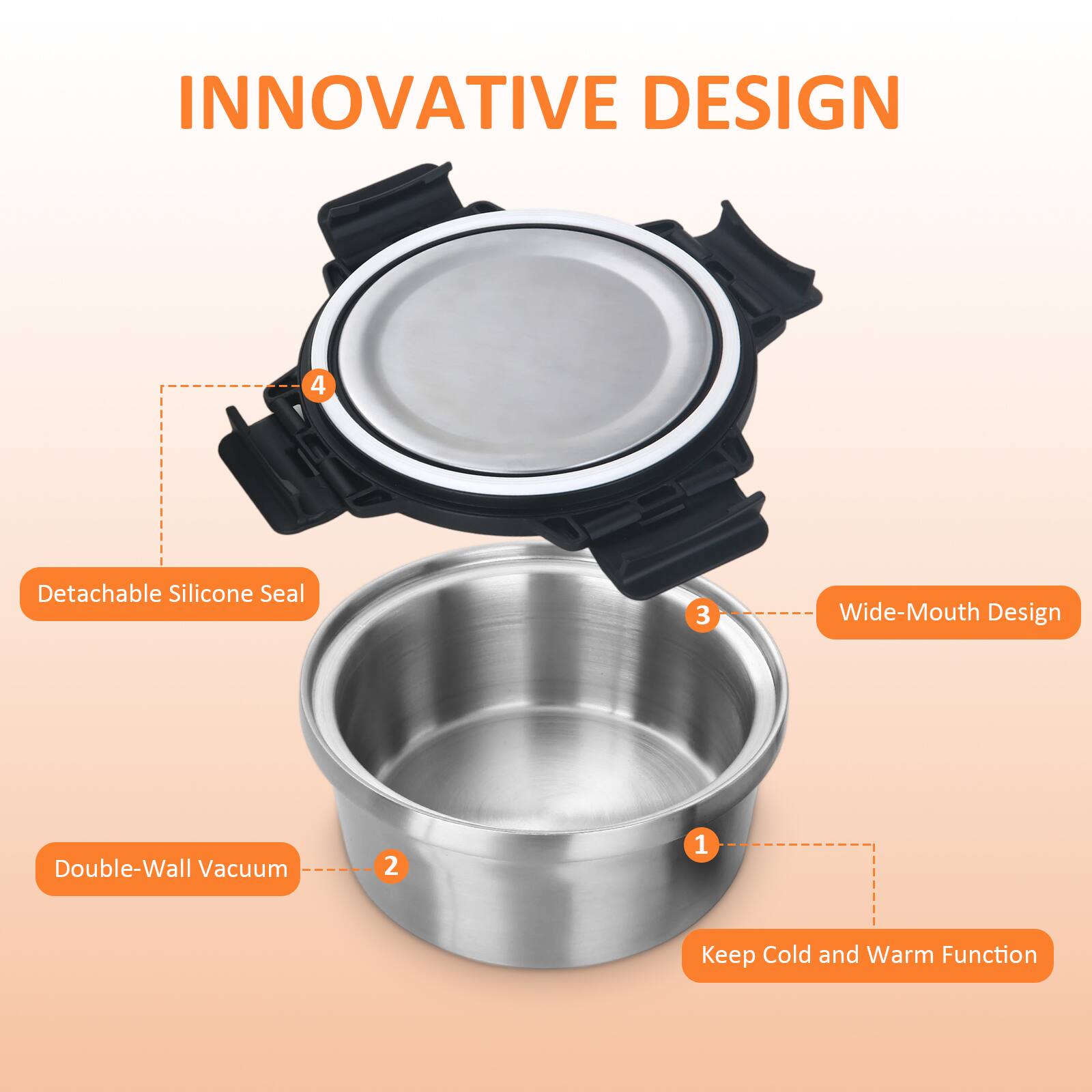 INNOVATIVE DESIGN

1. Keep Cold and Warm Function
2. Double-Wall Vacuum
3. Wide-Mouth Design
4. Detachable Silicone Seal