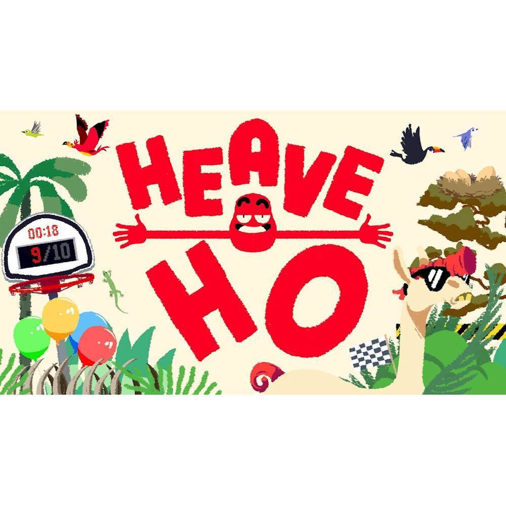 The image features a large red text that reads "HEAVE HO." The text is surrounded by various elements, including a clock, a bird, a giraffe, a lizard, and a balloon. The clock is positioned on the left side of the image, while the bird is located on the right side. The giraffe and lizard are situated in the middle of the image, and the balloon is placed on the left side, closer to the bottom of the image. - E (Everyone)