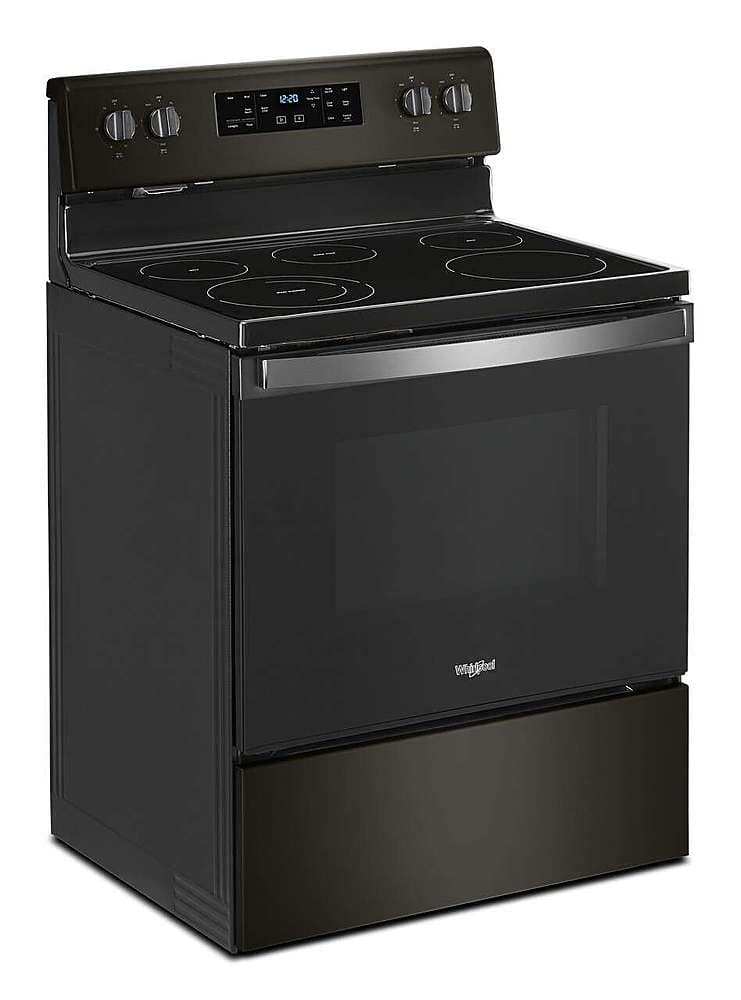 Angle. Whirlpool - 5.3 Cu. Ft. Freestanding Electric Range with Self-Cleaning and Frozen Bake - Black Stainless Steel with Printshield Finish.