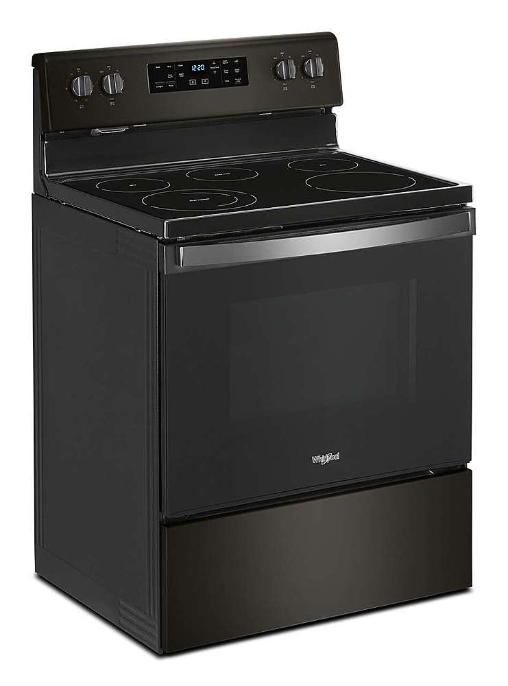 Angle. Whirlpool - 5.3 Cu. Ft. Freestanding Electric Range with Self-Cleaning and Frozen Bake - Black Stainless Steel.