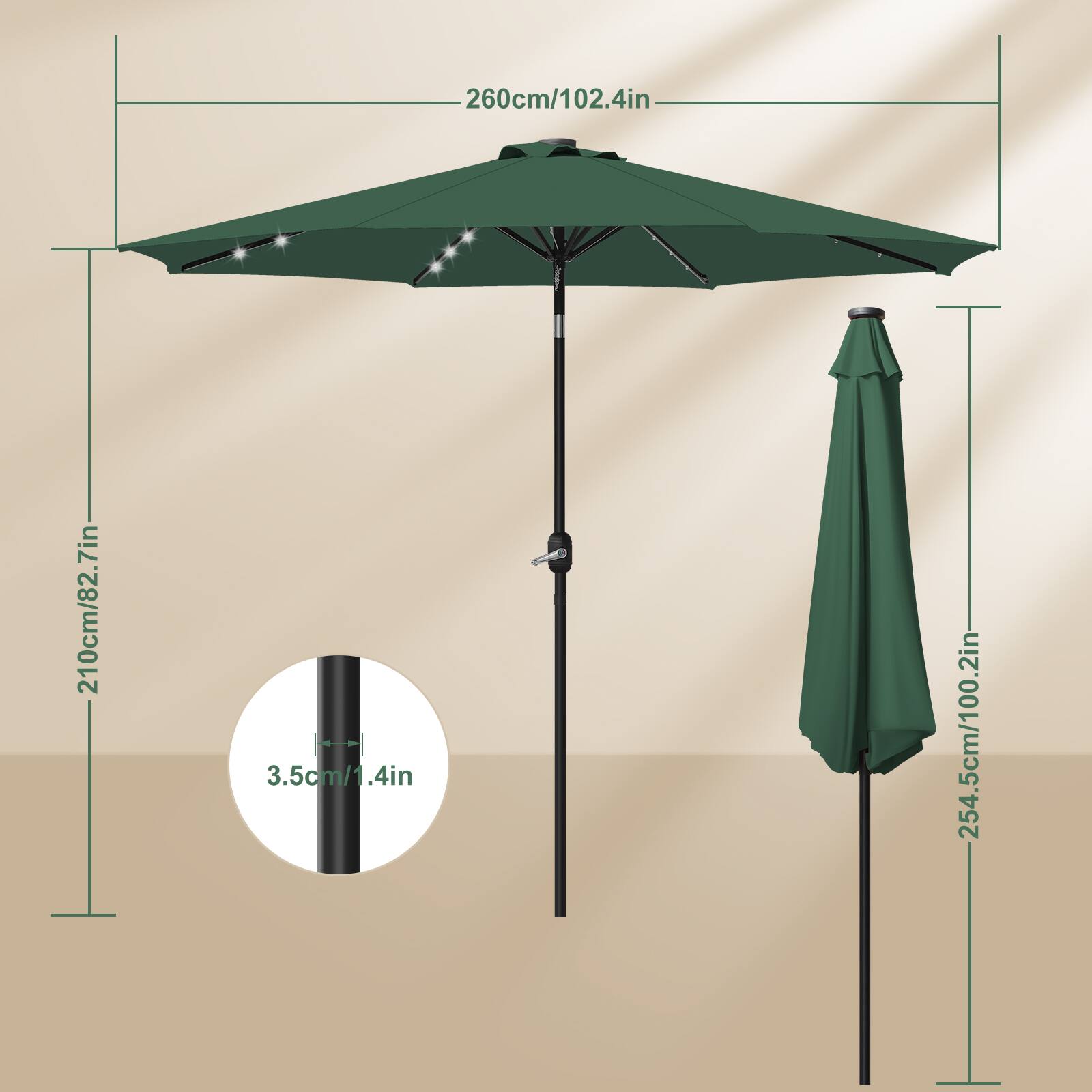 260cm/102.4in  
210cm/82.7in  
3.5cm/1.4in  
254.5cm/100.2in