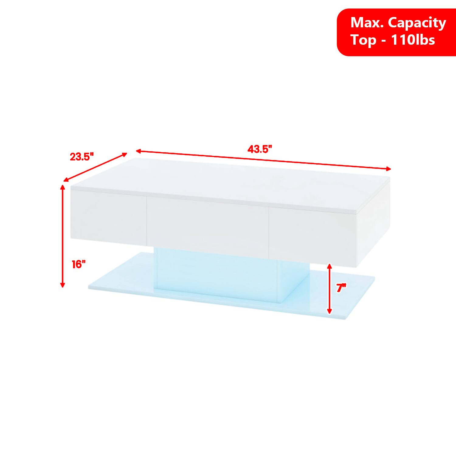 Max. Capacity Top - 110lbs  
23.5" x 43.5" x 16" x 7"